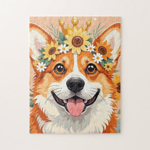Fröhlicher Corgi-Hund mit Kranz aus Gänseblümchen  Puzzle