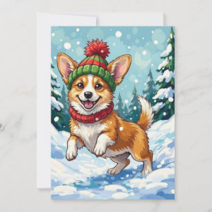 Fröhlicher Corgi-Hund springt im Schnee mit Pom-Po Feiertagskarte