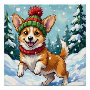 Fröhlicher Corgi-Hund springt im Schnee mit Pom-Po Poster