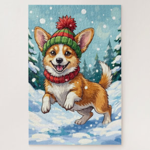 Fröhlicher Corgi-Hund springt im Schnee mit Pom-Po Puzzle