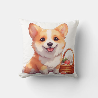 Fröhlicher Corgi mit einem Picknickkorb Kissen