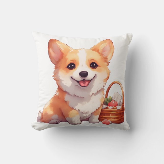 Fröhlicher Corgi mit einem Picknickkorb Kissen (Vorderseite)