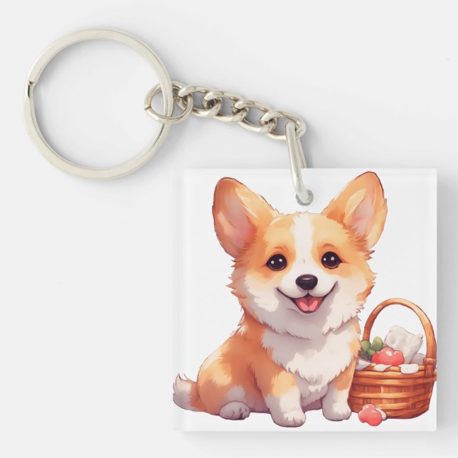 Fröhlicher Corgi mit einem Picknickkorb Schlüsselanhänger (Vorderseite)