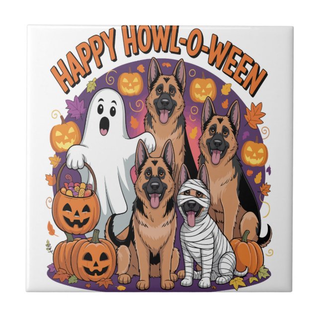 Fröhlicher Deutscher Schäferhund Halloween Fliese (Vorderseite)