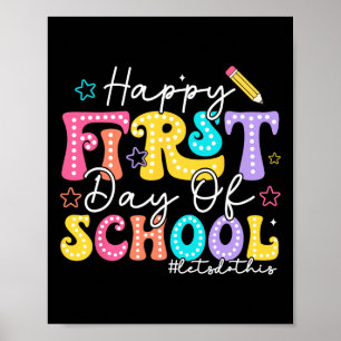 Fröhlicher erster Schultag Bleistift Lehrer Kinder Poster