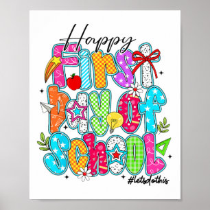 Fröhlicher erster Schultag Bleistift Lehrer Kinder Poster