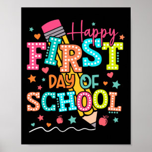 Fröhlicher erster Schultag Bleistift Lehrer Kinder Poster