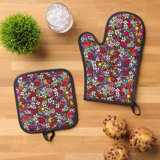 Fröhlicher Garten Ofenhandschuh & Topflappen-Set (Oben Unten)
