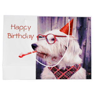 Fröhlicher Geburtstag Niedlicher Hund feiern Große Geschenktüte