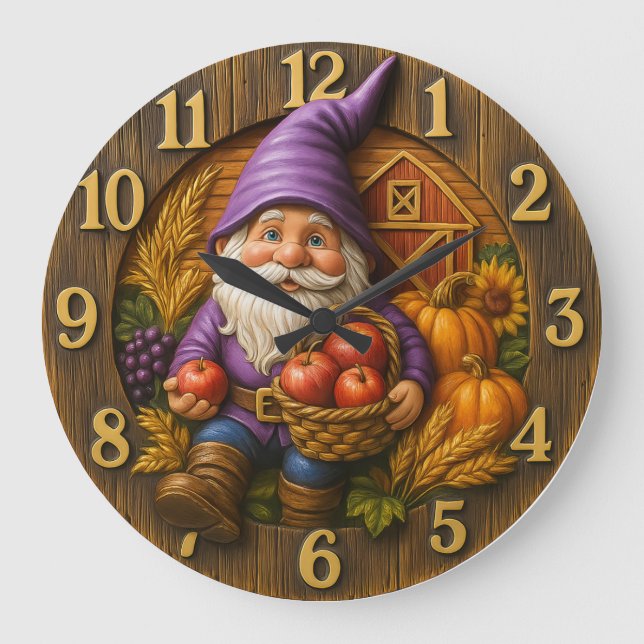 Fröhlicher Gnom mit Apfelkorb Ernte Große Wanduhr (Vorderseite)