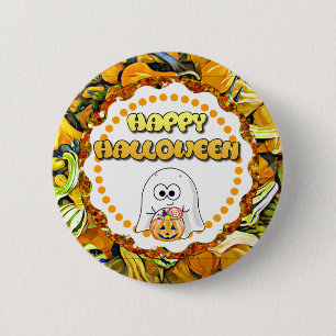 Fröhlicher Halloween-Geist und Kürbisse Button