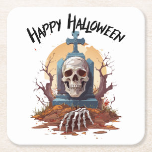 Fröhlicher Halloween-Grabstein und Skelett Rechteckiger Pappuntersetzer