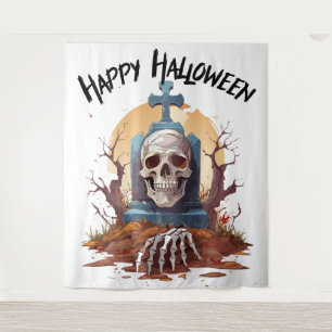 Fröhlicher Halloween-Kopfstein und Skelett Wandteppich