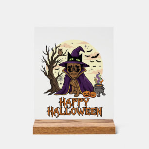 Fröhlicher Halloween-Mops-Henkerhut-Kessel-Kürbiss Acrylschild