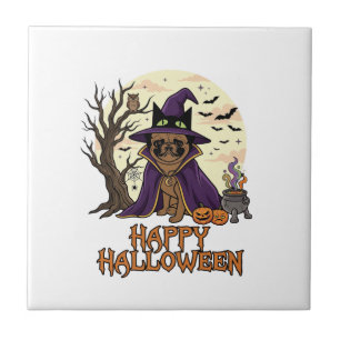Fröhlicher Halloween-Mops-Henkerhut-Kessel-Kürbiss Fliese