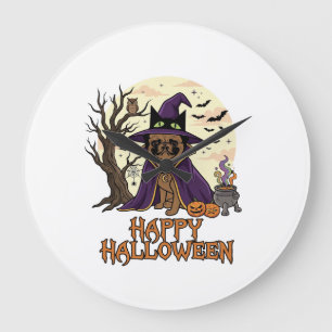 Fröhlicher Halloween-Mops-Henkerhut-Kessel-Kürbiss Große Wanduhr