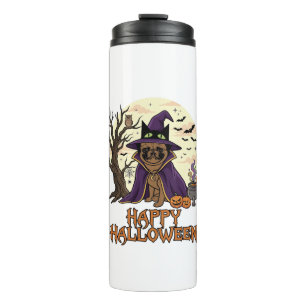 Fröhlicher Halloween-Mops-Henkerhut-Kessel-Kürbiss Thermosbecher