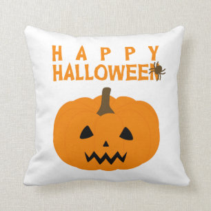 Fröhlicher Halloween-Text und Kürbis auf Weiß Kissen