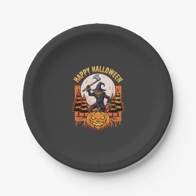 Fröhlicher Halloween-Vogelscheuche-Jack-O-Lantern- Pappteller (Vorderseite)