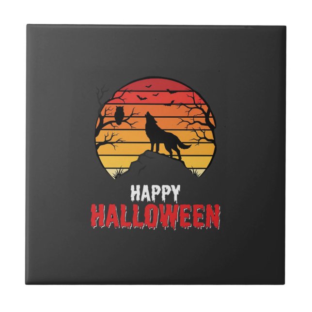 Fröhlicher Halloween-Wolf-Sonnenuntergangs-Vektor Fliese (Vorderseite)