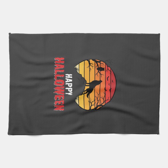 Fröhlicher Halloween-Wolf-Sonnenuntergangs-Vektor Geschirrtuch (Horizontal)