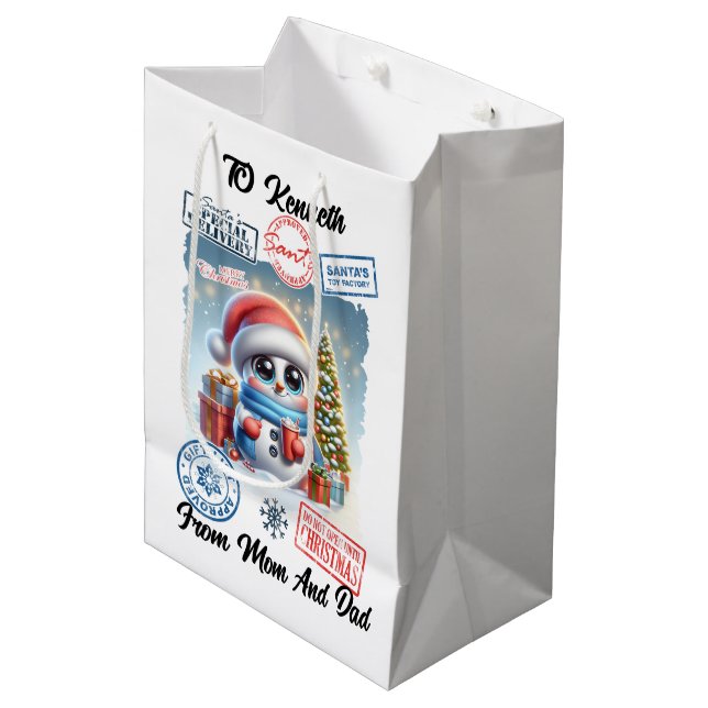 Fröhlicher Holiday Snowman Santa Sack Mittlere Geschenktüte (Vorderseite Schrägansicht)