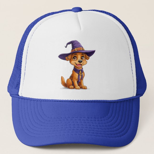 Fröhlicher Hund, der einen Hexenhut trägt Truckerkappe (Vorderseite)