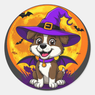 Fröhlicher Hund Hexenhut Halloween Runder Aufkleber