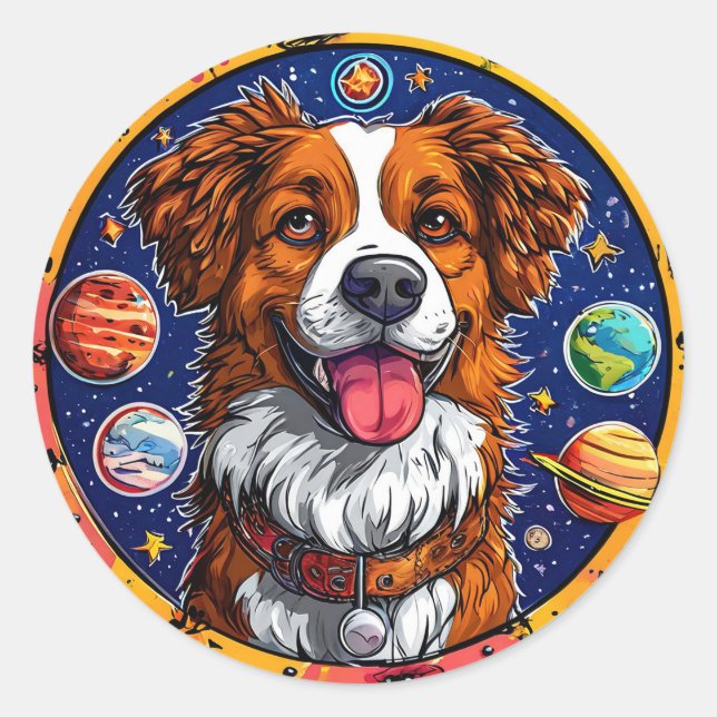 Fröhlicher Hund Niedliches Weltraum-Tier Kunst Runder Aufkleber (Vorderseite)