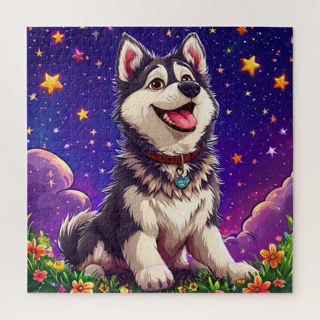 Fröhlicher Husky gegen Starry Sky Puzzle (Vertikal)