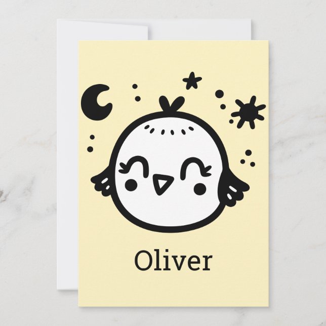 Fröhlicher Kick - Kawaii Bird Line Art" Einladung (Vorderseite)