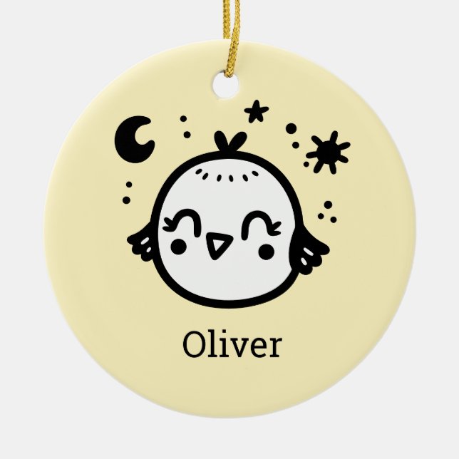 Fröhlicher Kick - Kawaii Bird Line Art" Keramik Ornament (Vorne)