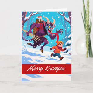 Fröhlicher Krampus jagt einen unartigen Jungen Feiertagskarte