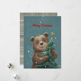 Fröhlicher Niedlicher Bär umarmt Weihnachtsbaum Feiertagskarte