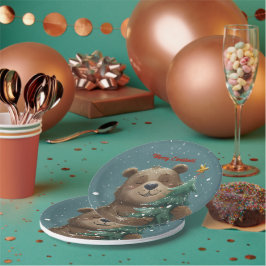 Fröhlicher Niedlicher Bär umarmt Weihnachtsbaum Pappteller