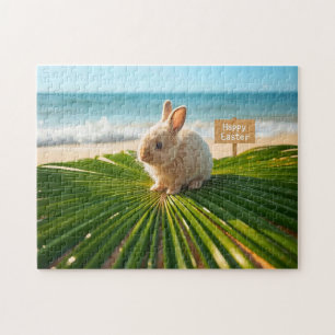 Fröhlicher Osterhase auf Palmzweig am Strand Puzzle