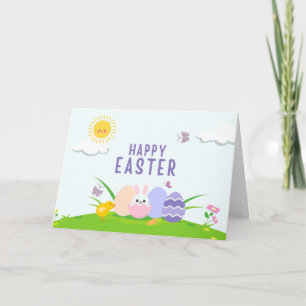Fröhlicher Osterhase, bemalte Eier und Huhn  Karte
