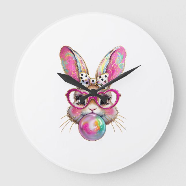 Fröhlicher Osterhase Coquette Bogen Pinselstrich O Große Wanduhr (Vorderseite)