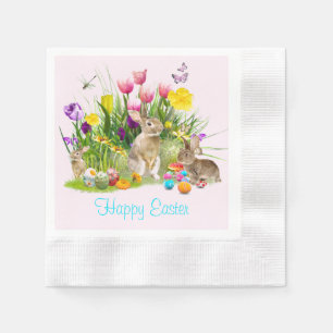 Fröhlicher Osterhase im Garten rosa Papiertaschent Serviette