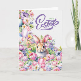 Fröhlicher Osterhase in Frühlingsblumen Feiertagskarte