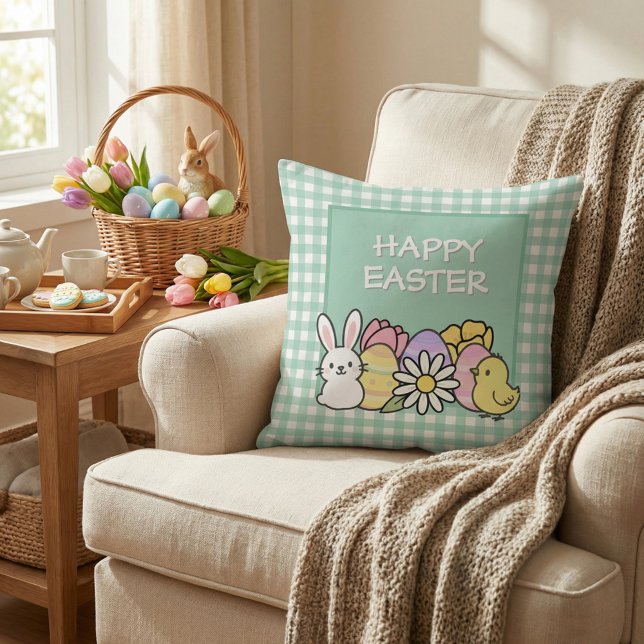 Fröhlicher Osterhase Küken Eier Grün Gingham Kissen (Von Creator hochgeladen)