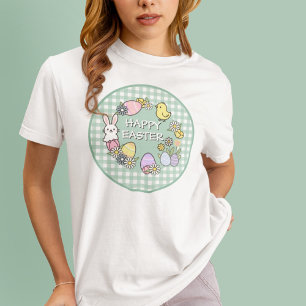 Fröhlicher Osterhase Küken Eier Grün Gingham T-Shirt