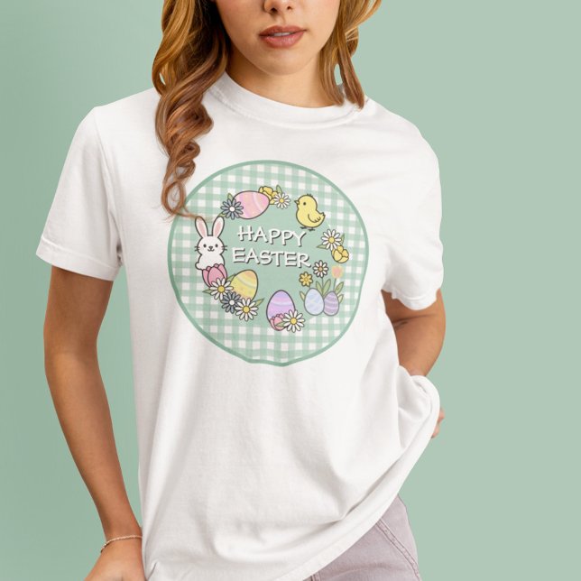 Fröhlicher Osterhase Küken Eier Grün Gingham T-Shirt (Von Creator hochgeladen)