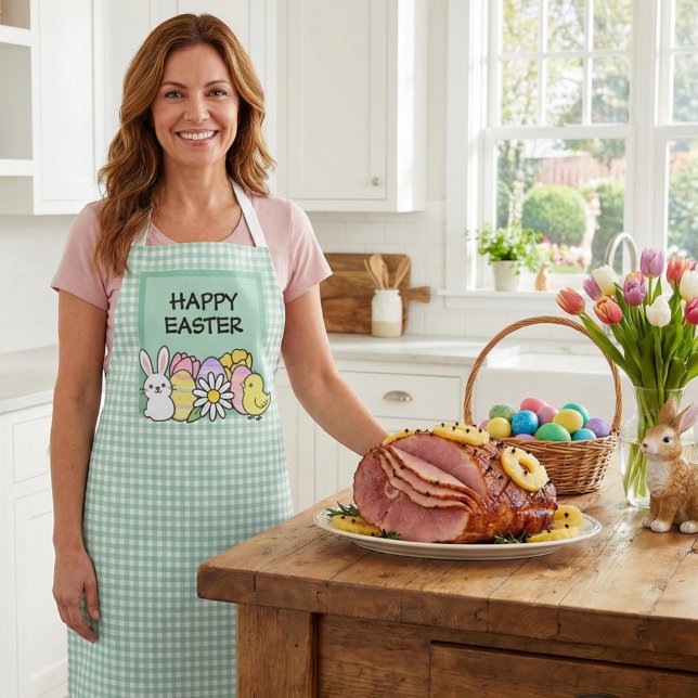 Fröhlicher Osterhase Küken Grün Gingham Schürze (Von Creator hochgeladen)
