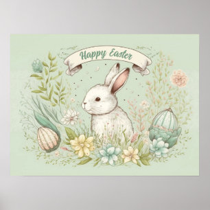 Fröhlicher Osterhase mit Salbeigrünen Blumen Poster