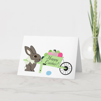 Fröhlicher Osterhase mit Schubkarre voller Eier Gr Karte