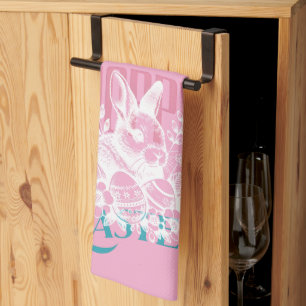 Fröhlicher Osterhase Stempel Rosa Geschirrtuch