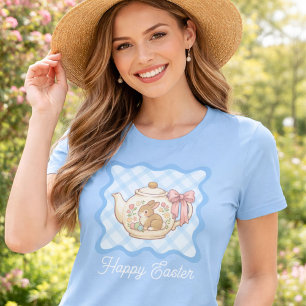 Fröhlicher Osterhase Teekanne Gingham T-Shirt