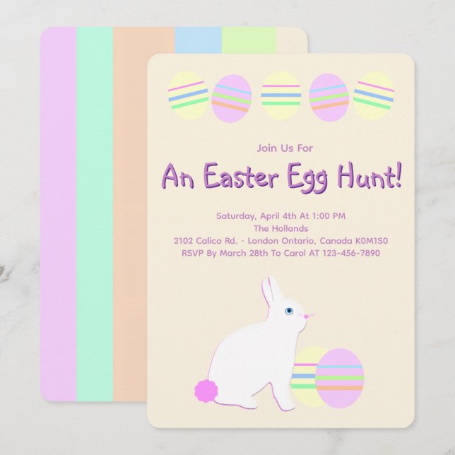 Fröhlicher Osterhase und Eier auf Pastellstreifen  Einladung (Vorne/Hinten)