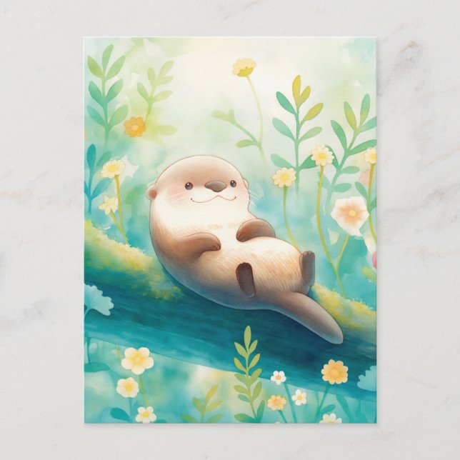 Fröhlicher Otter auf Moosbewachsenem Flussstamm Postkarte (Vorderseite)